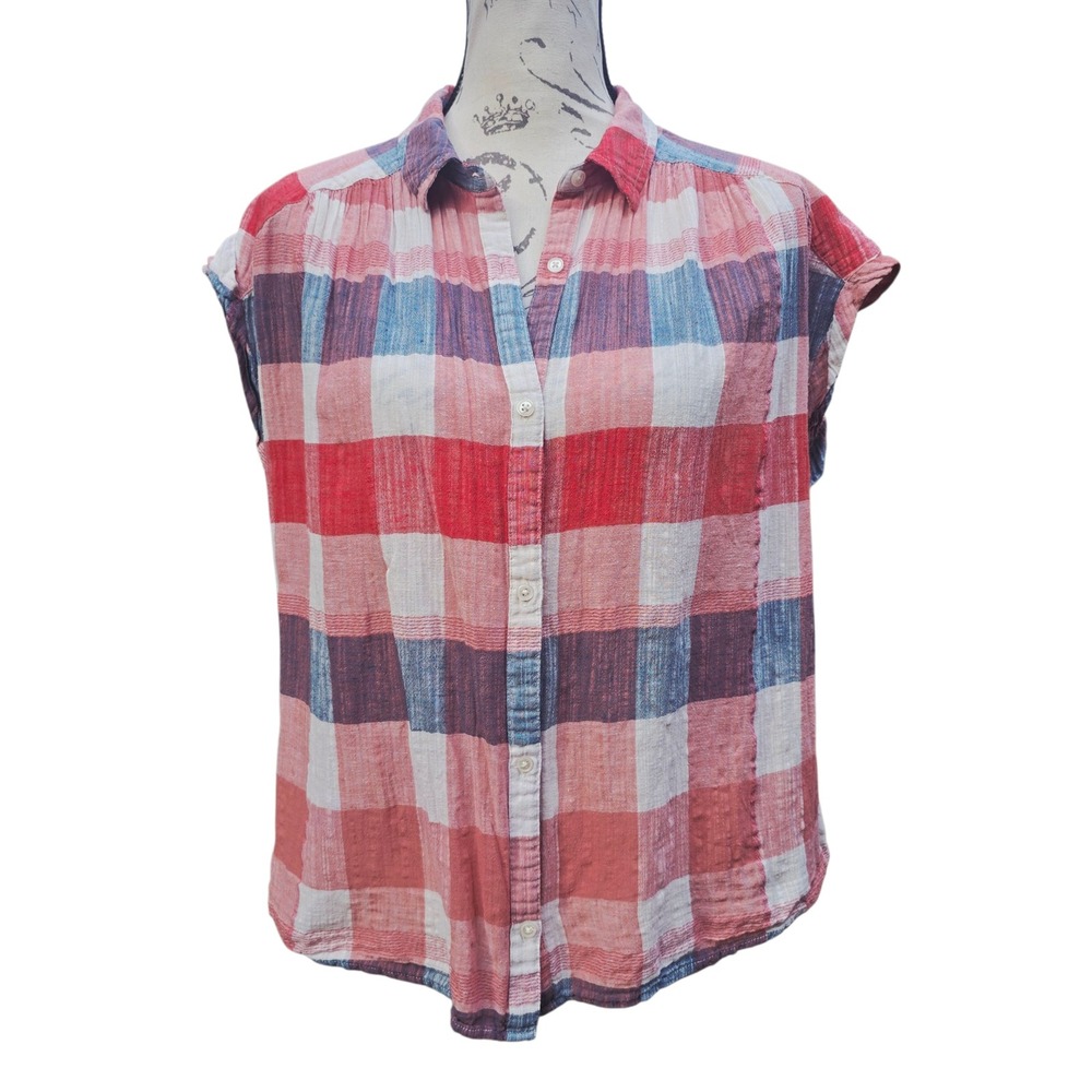 Lucky Brand‎ -1516 Sleeveless Top Large Red Blue Plaid Button Up Casual Shirt